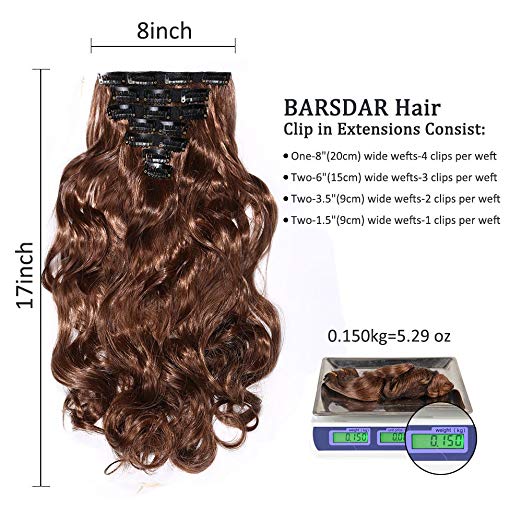 BARSDAR 17" Long Curly 7Pcs 16Clips Full Head Clip in Synthetic Hair Extensions Hairpieces for Women 150g (1B#Off Black)